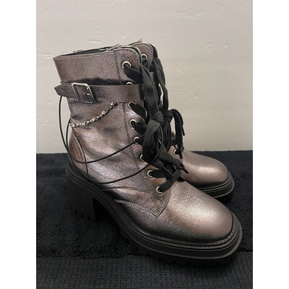 POP Yeardly Metallic Pewter Combat Boots Rhinestone Chain Lug Sole 6.5M New - Picture 3 of 8